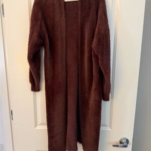 Elegant Marron Open-Front Women's Fuzzy Cardigan